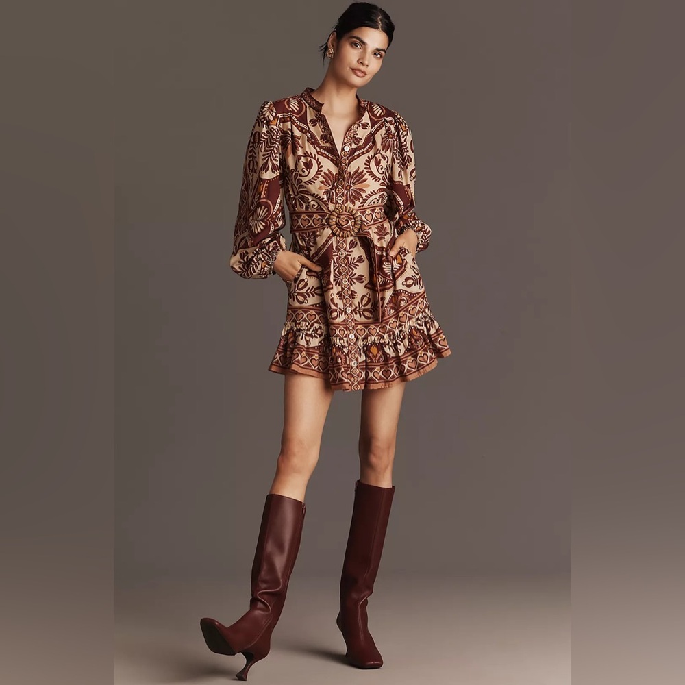 Anthropologie Brown and Tan Patterned Mini Dress - Picture 3 of 9
